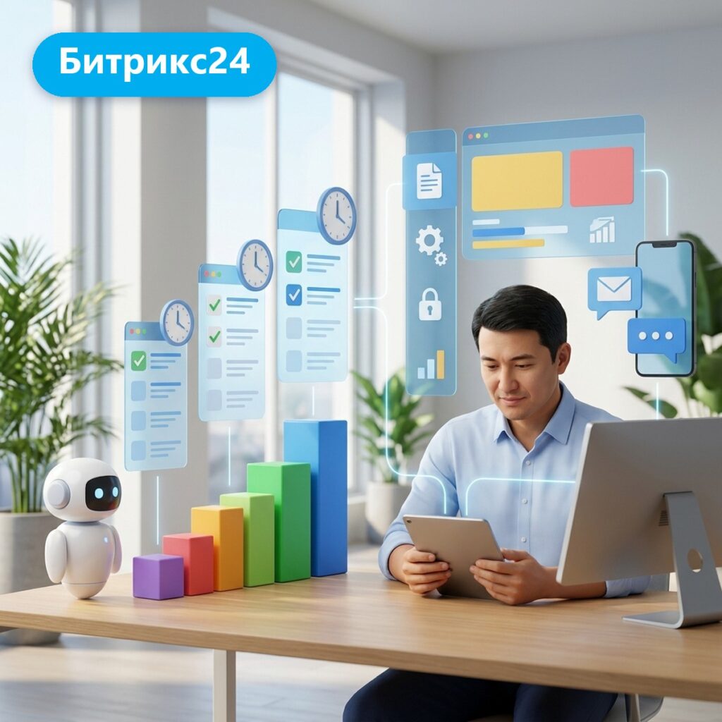 Руководитель отдела продаж с планшетом рядом с роботом-помощником и воронкой из цветных блоков, плашка Битрикс24