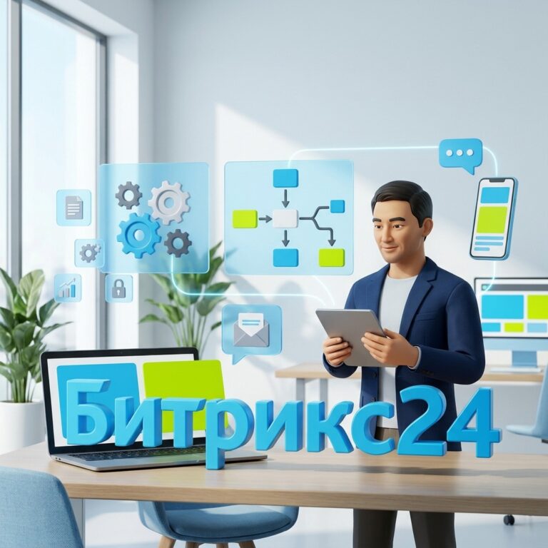 Руководитель отдела продаж с планшетом рядом со схемами роботов и бизнес-процессов и объемным словом Битрикс24