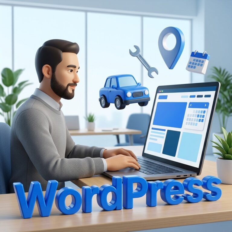 Веб-разработчик за ноутбуком с макетом сайта автосервиса, объемная надпись WordPress, игрушечная машина, гаечный ключ и метка на карте