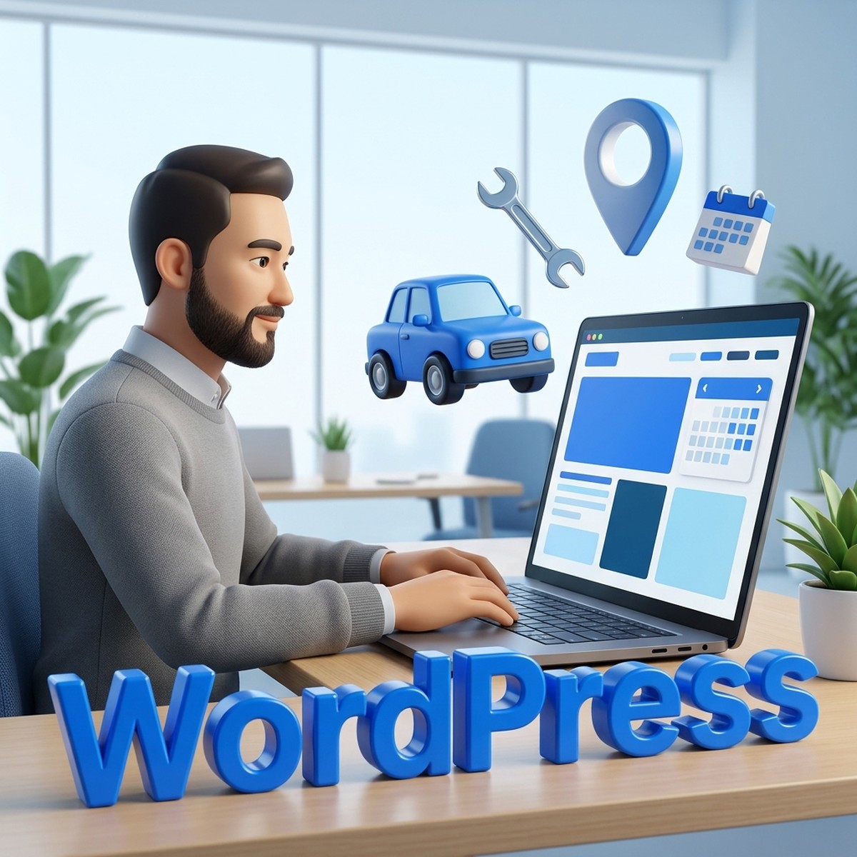 Веб-разработчик за ноутбуком с макетом сайта автосервиса, объемная надпись WordPress, игрушечная машина, гаечный ключ и метка на карте