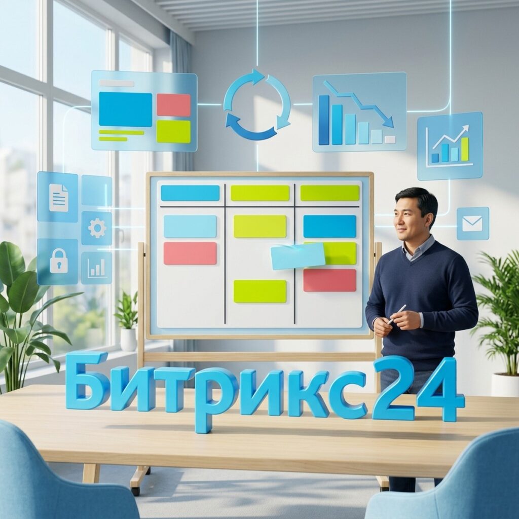 Руководитель команды у доски задач со спринтом: скрам в Битрикс24