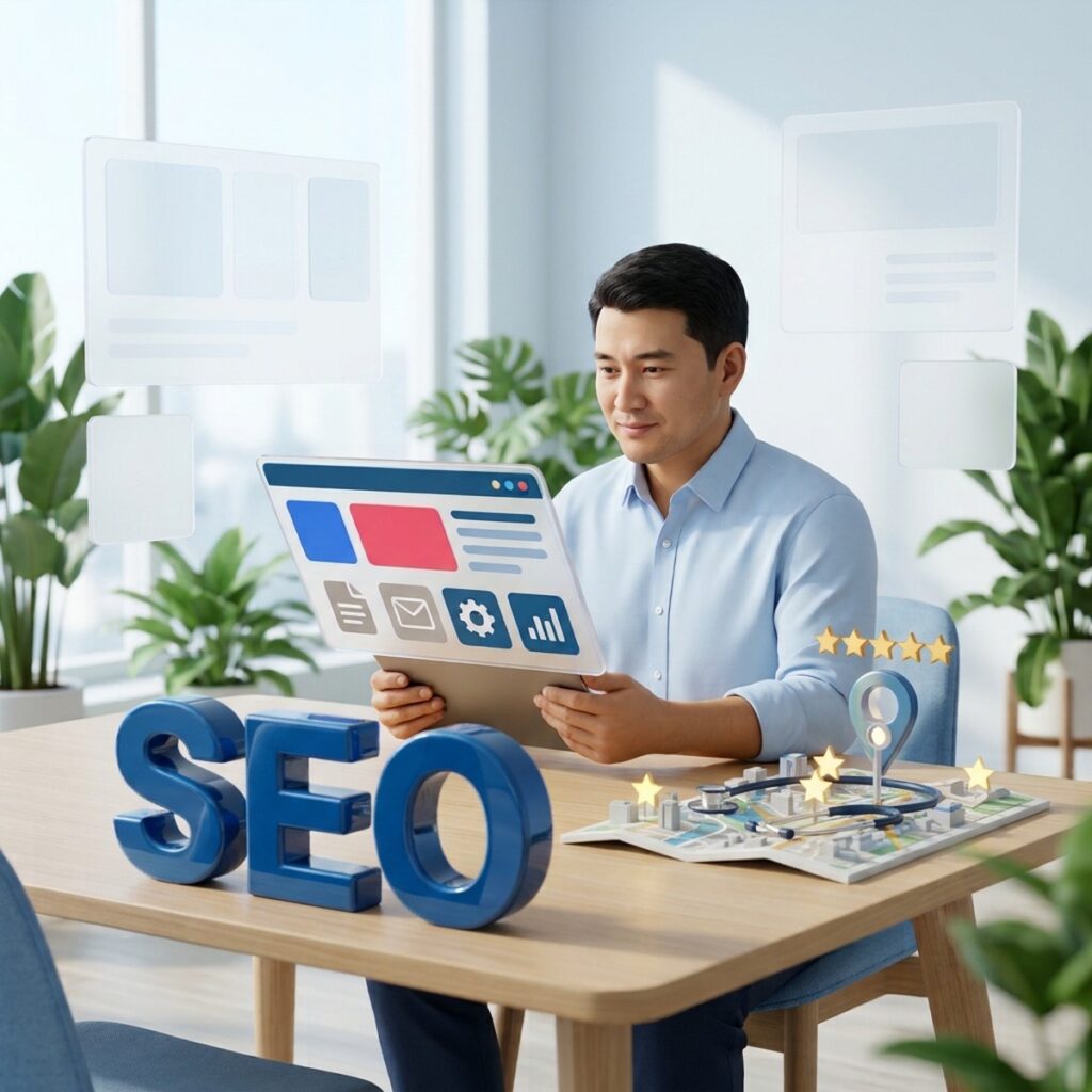 Маркетолог с планшетом за столом, объёмные буквы SEO и карта клиники со стетоскопом и звёздами рейтинга