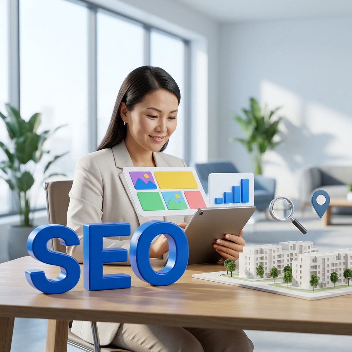 Женщина-маркетолог с планшетом за столом, объемные буквы SEO и макет жилого комплекса