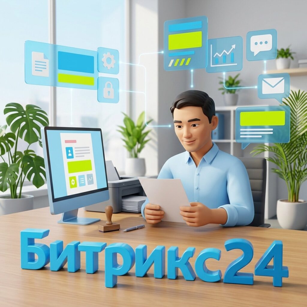 Офис-менеджер проверяет документ, созданный по шаблону в Битрикс24, рядом принтер и печать