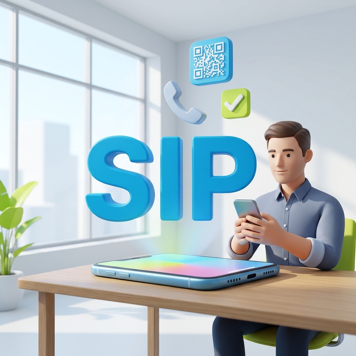 Менеджер с смартфоном и объёмное слово SIP: настройка SIP-аккаунта на Android для Битрикс24