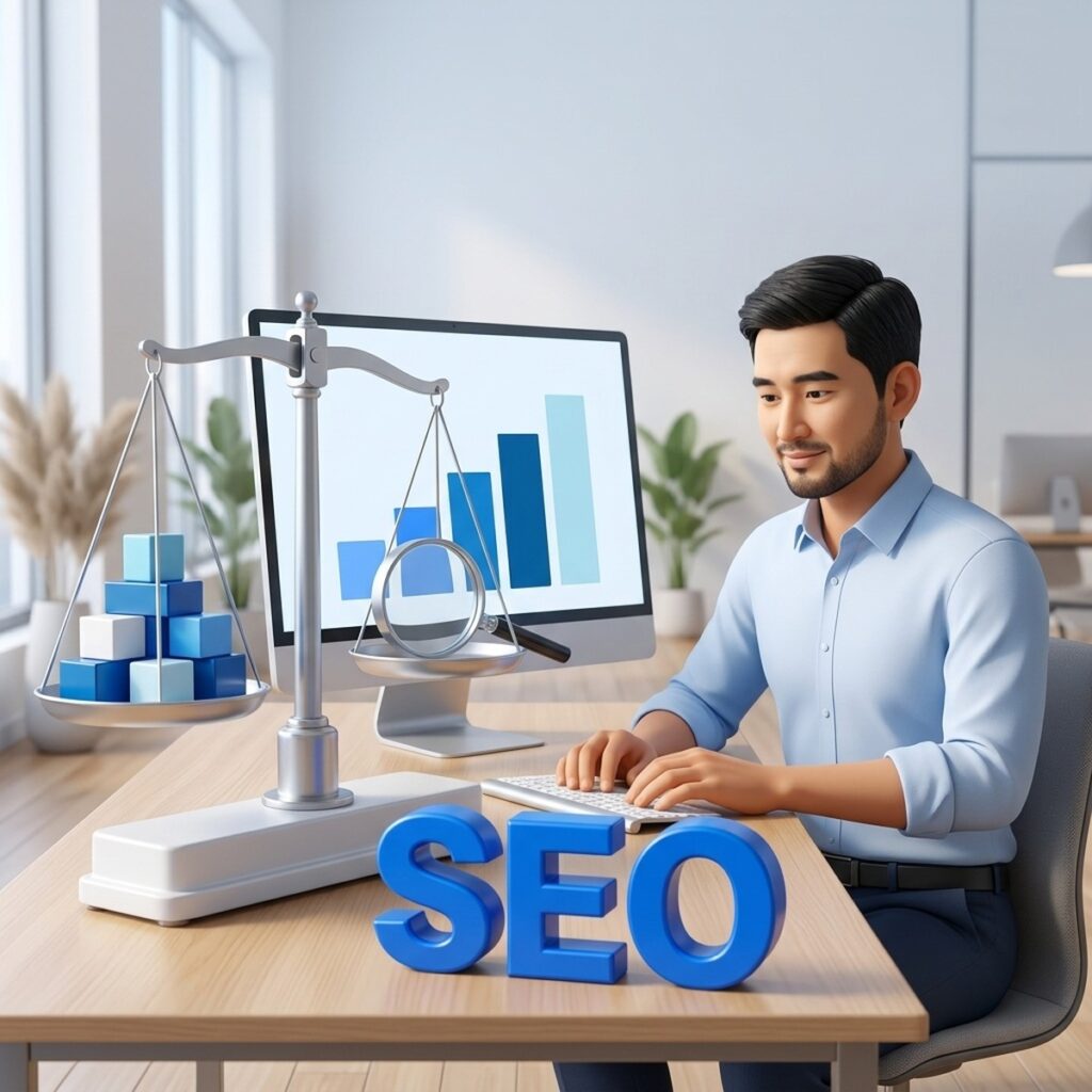 SEO-продвижение: маркетолог за столом с весами, на которых лежат блоки и лупа, и объёмная надпись SEO
