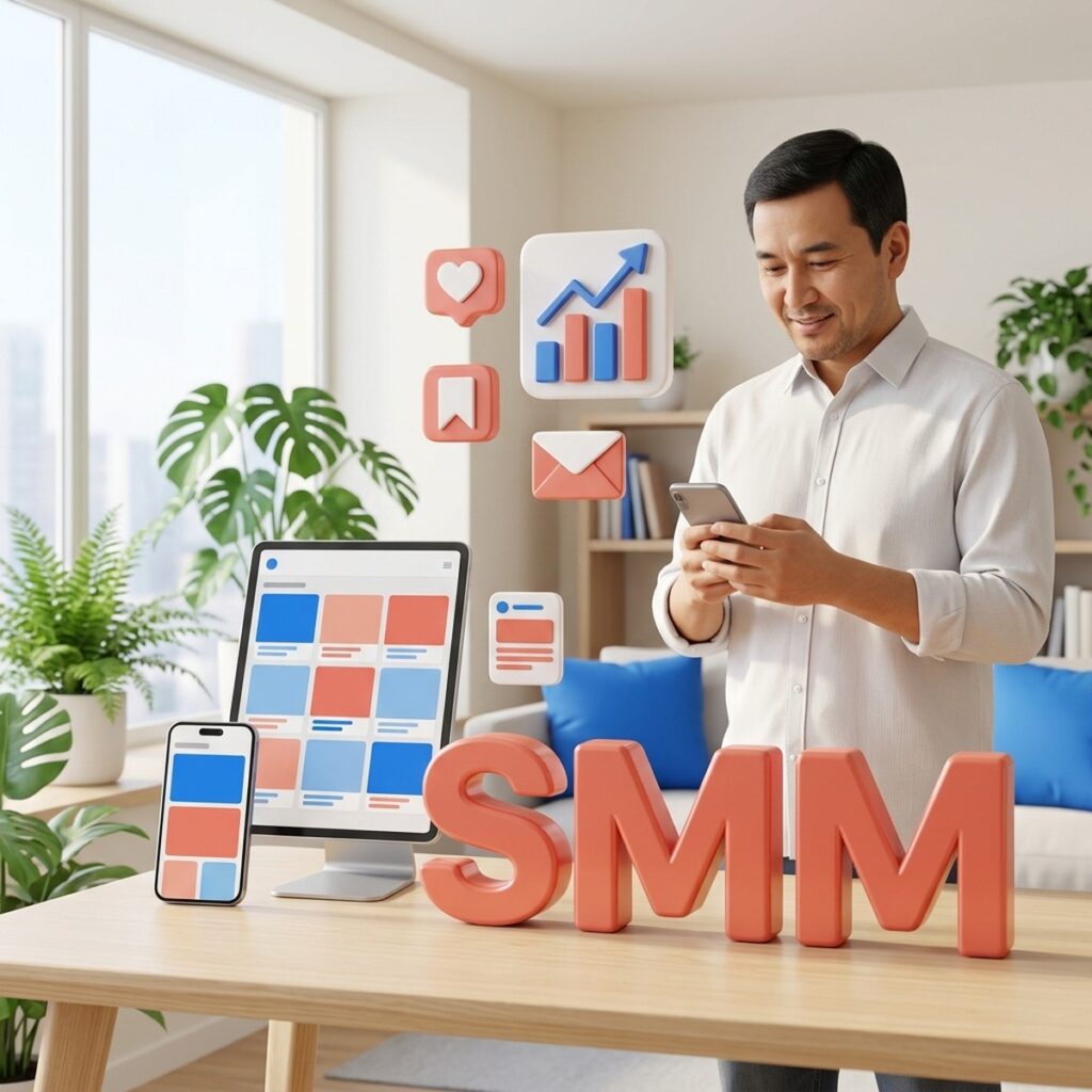 Маркетолог с телефоном рядом с объёмными буквами SMM, планшетом и значками соцсетей