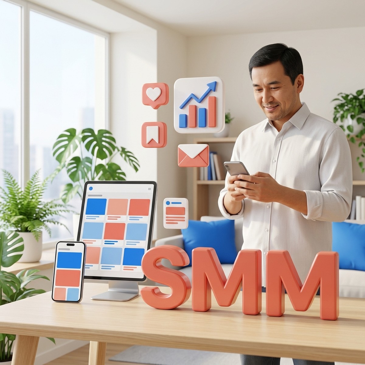Маркетолог с телефоном рядом с объёмными буквами SMM, планшетом и значками соцсетей