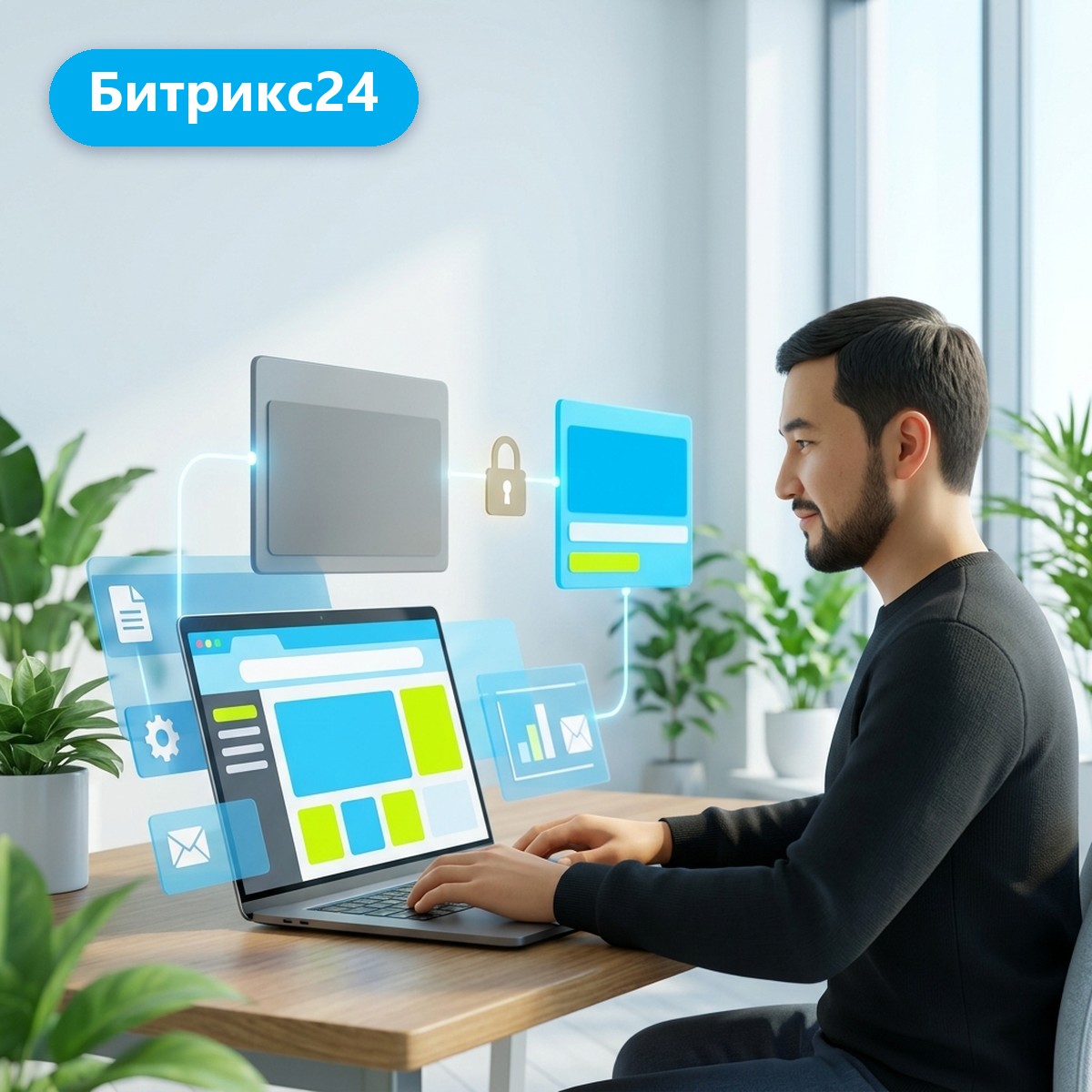 Администратор у ноутбука, две связанные панели портала Битрикс24 со старым и новым адресом