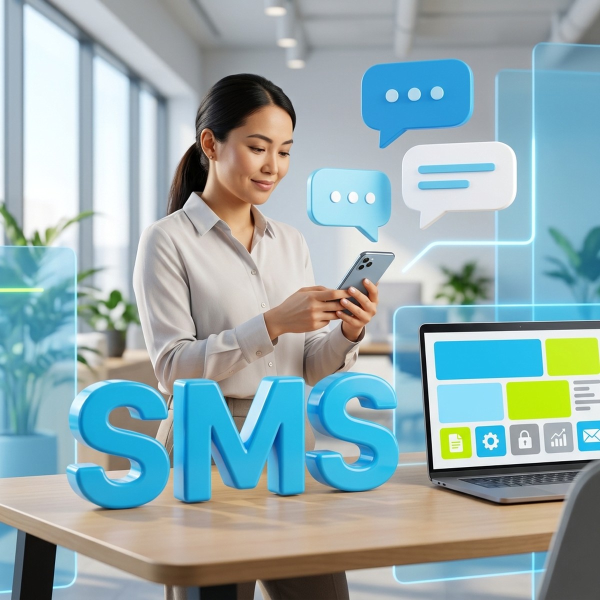 Менеджер со смартфоном, пузыри сообщений и объёмные буквы SMS на рабочем столе
