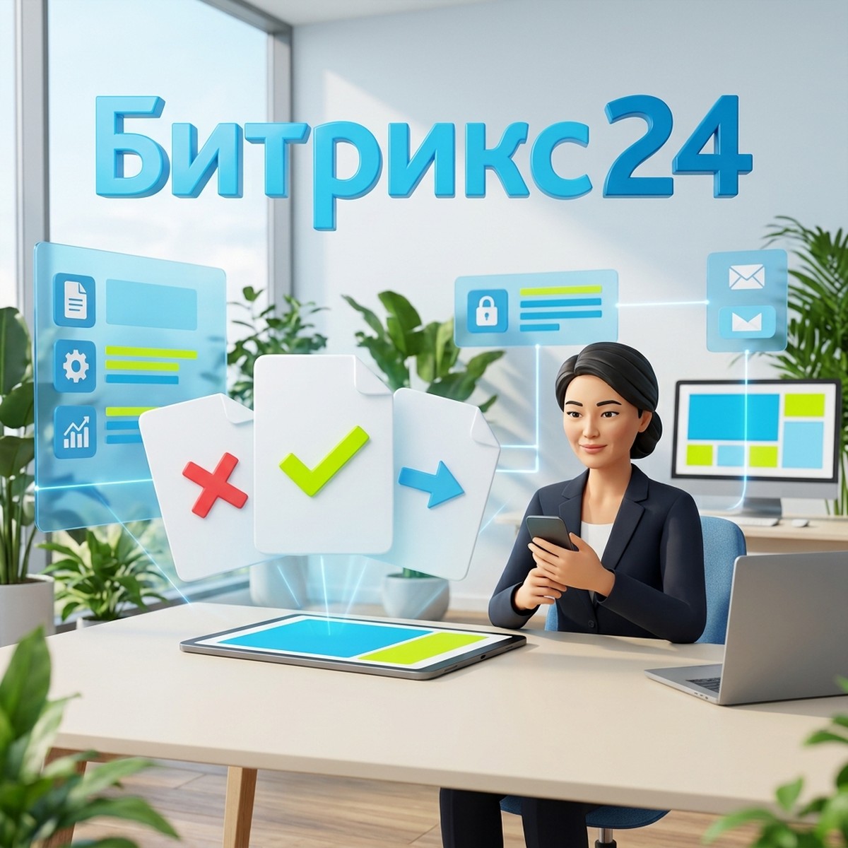 Руководитель принимает решение о согласовании счёта: парящие карточки с галочкой, крестиком и стрелкой и слово Битрикс24