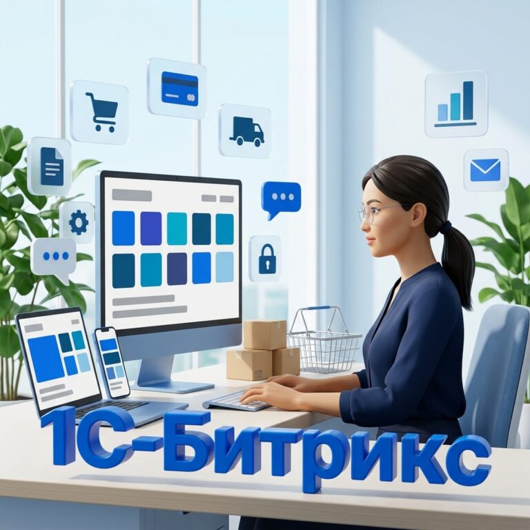 Разработчица за монитором с каталогом интернет-магазина и объёмная надпись 1С-Битрикс на столе