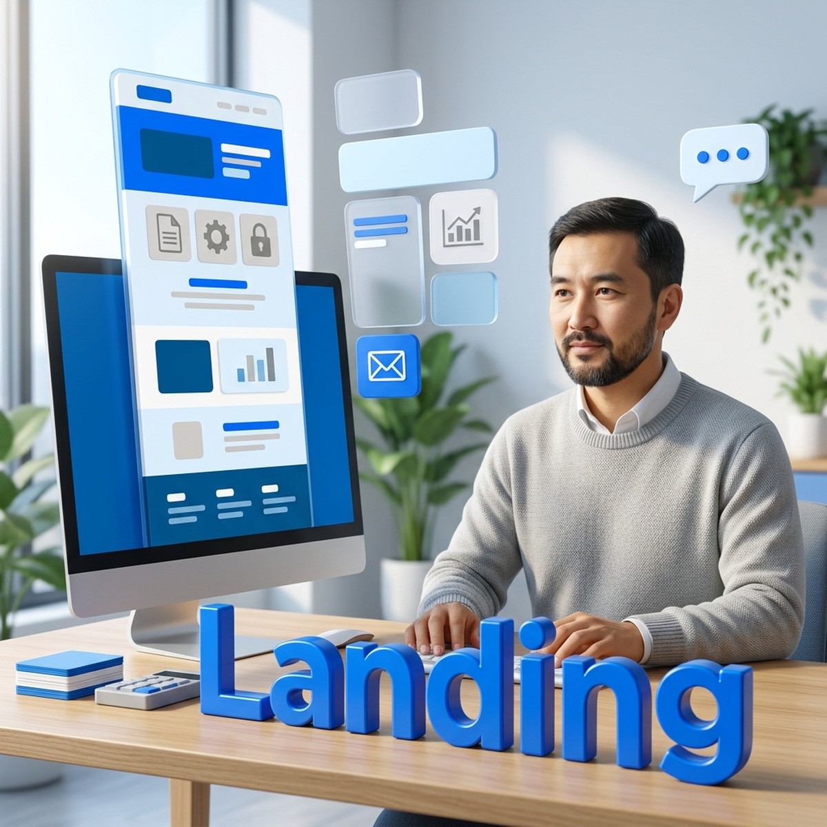 Разработчик за монитором с макетом лендинга и объёмная надпись Landing на столе