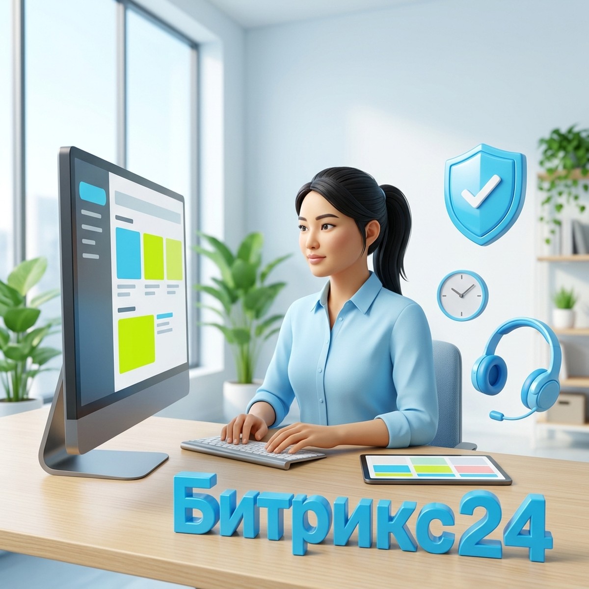 Техподдержка Битрикс24: специалистка за монитором, щит с галочкой, часы, гарнитура и объёмное слово Битрикс24