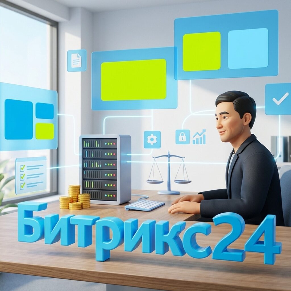 Руководитель у серверного блока, монеты и весы, объёмная надпись Битрикс24