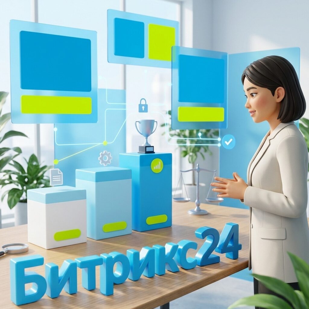 Руководитель отдела продаж рассматривает три карточки-тарифа ступенями, объёмная надпись Битрикс24