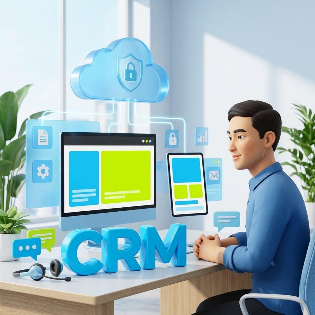 Менеджер за монитором, над столом облако с замком-щитом и надпись CRM, гарнитура техподдержки