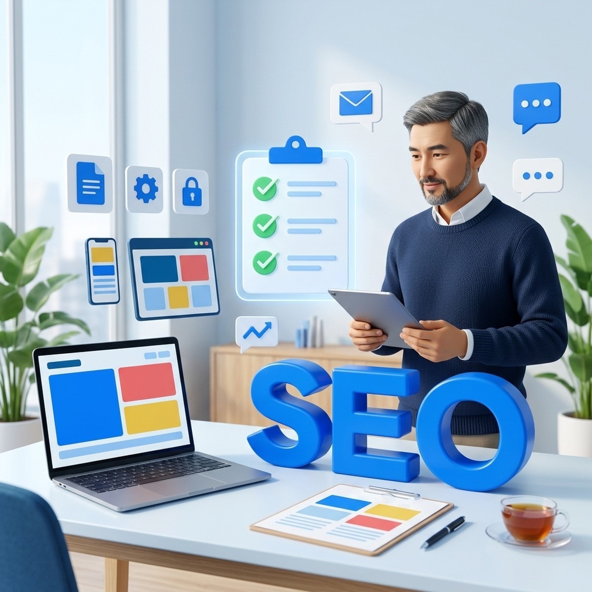 Маркетолог с планшетом проверяет ТЗ копирайтеру для SEO-статьи, рядом объёмные буквы SEO и чек-лист