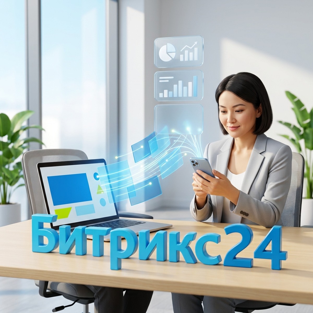 Менеджер по продажам читает на смартфоне уведомление о новой сделке из Битрикс24, рядом ноутбук с CRM и объёмная надпись Битрикс24