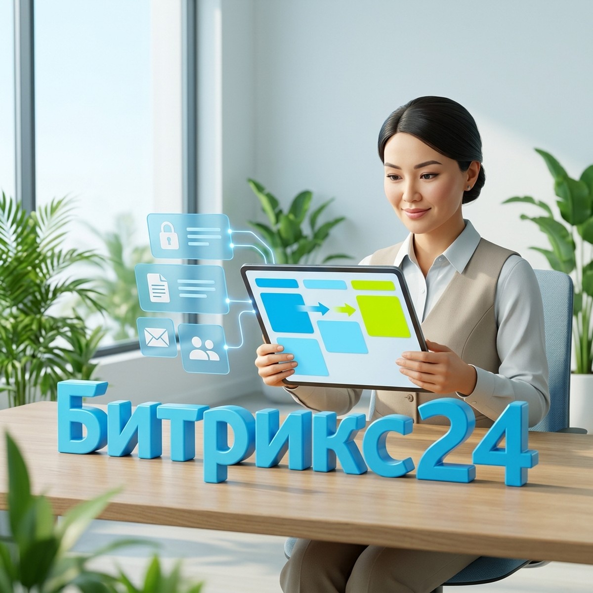 HR-менеджер с планшетом, на экране передача карточек между колонками, на столе объёмные буквы «Битрикс24»