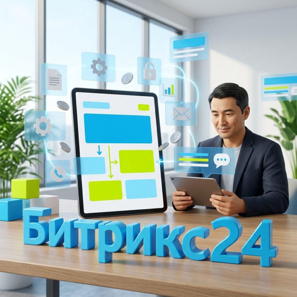 Руководитель с планшетом, на котором схема этапов внедрения, рядом объёмные буквы «Битрикс24» на столе