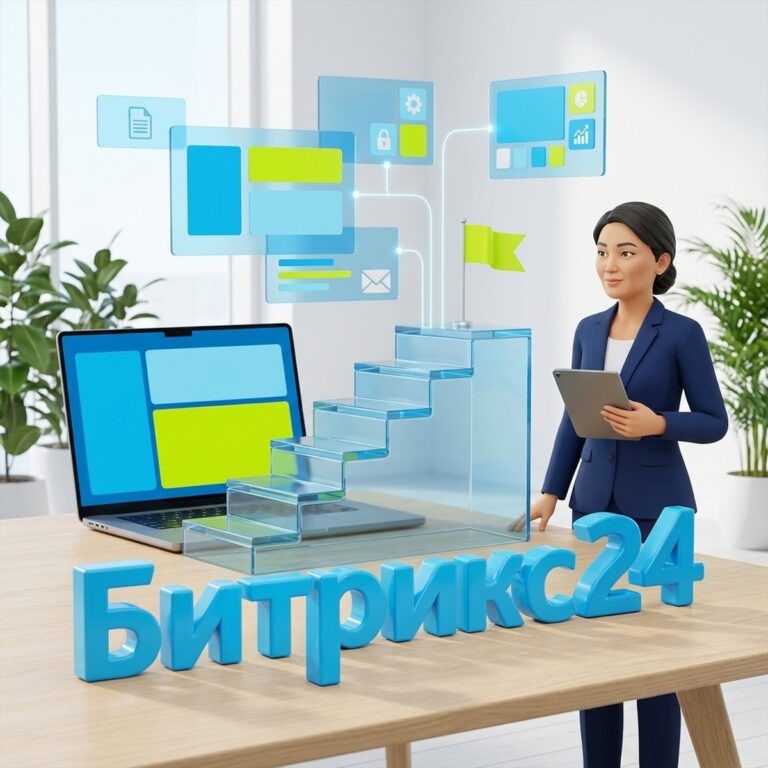 Руководитель с планшетом у стеклянной лестницы с флажком на столе и объёмная надпись Битрикс24