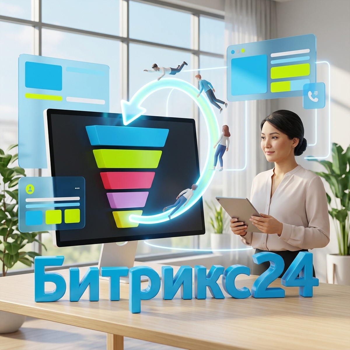 Менеджер у монитора с воронкой продаж и стрелкой возврата клиентов, объёмное слово Битрикс24