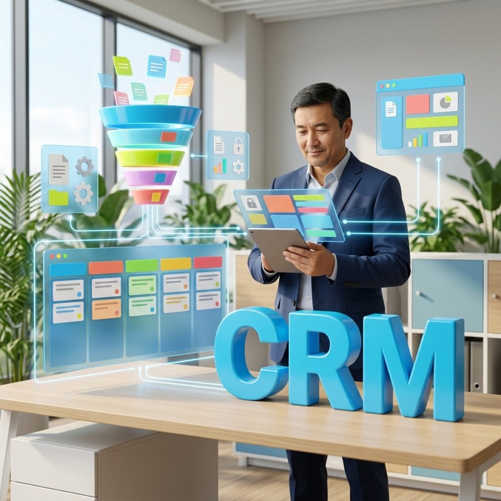 Руководитель отдела продаж с планшетом у канбан-доски CRM и воронки сделок, объёмные буквы CRM