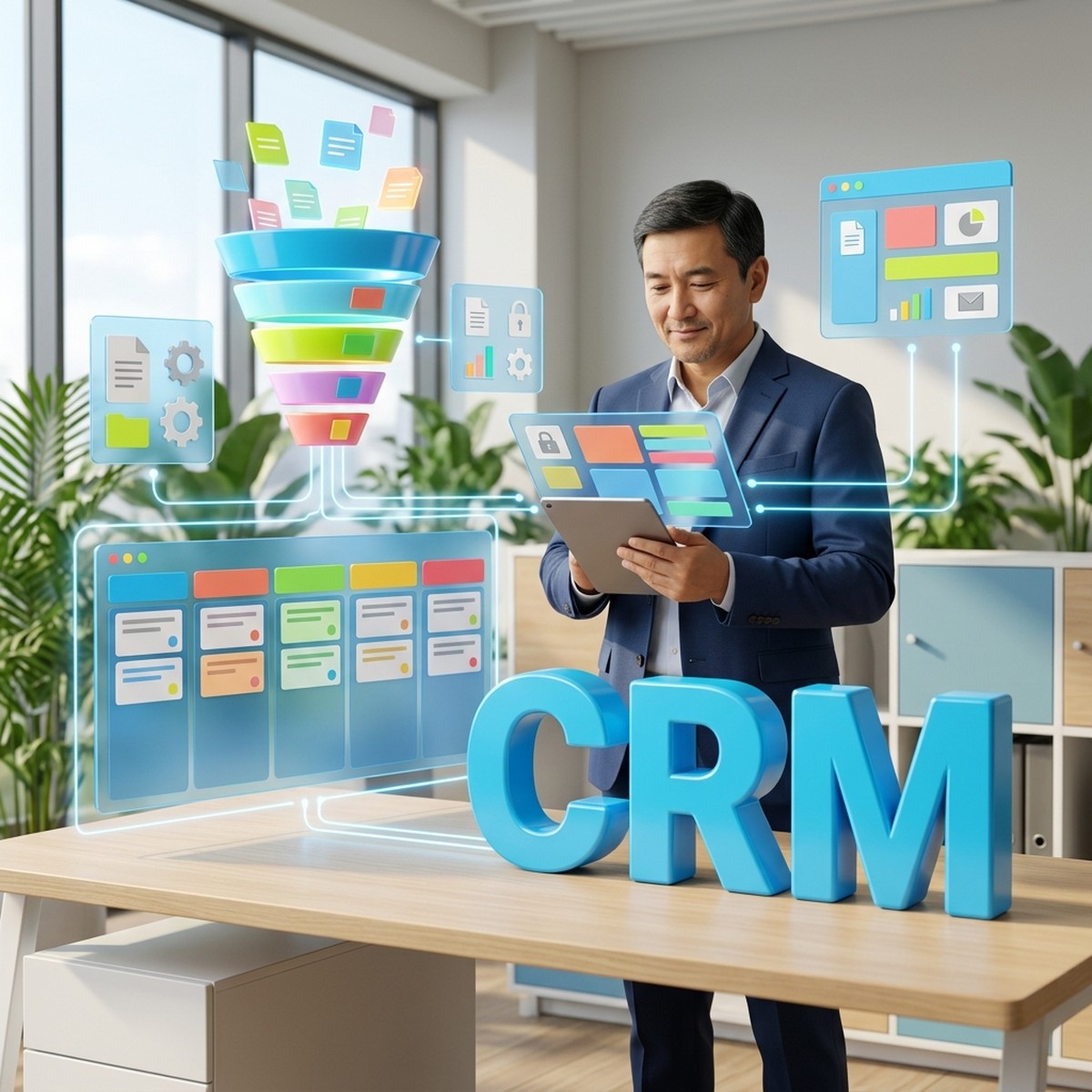Руководитель отдела продаж с планшетом у канбан-доски CRM и воронки сделок, объёмные буквы CRM