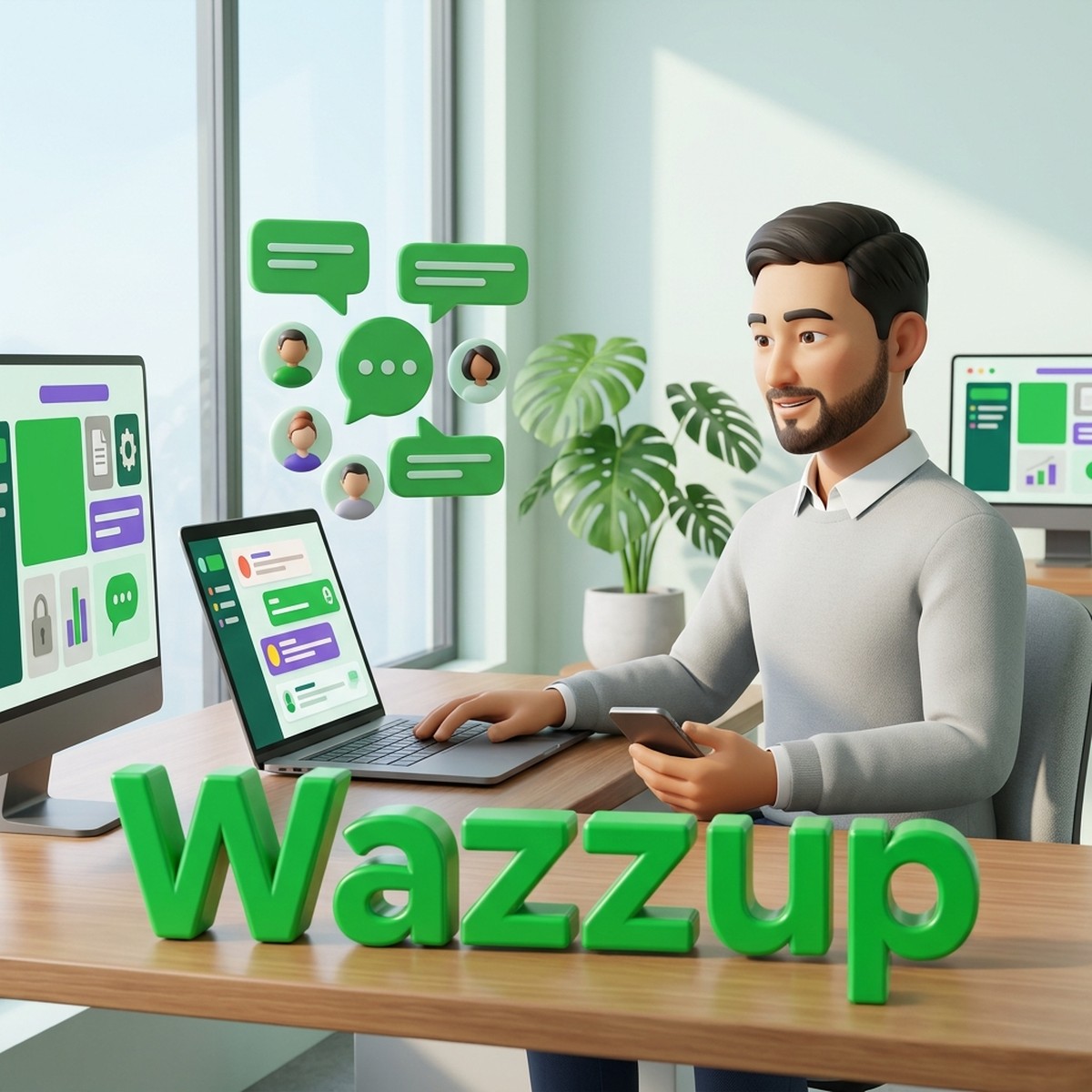 Менеджер работает с групповыми чатами Wazzup на ноутбуке, над столом пузыри сообщений участников группы
