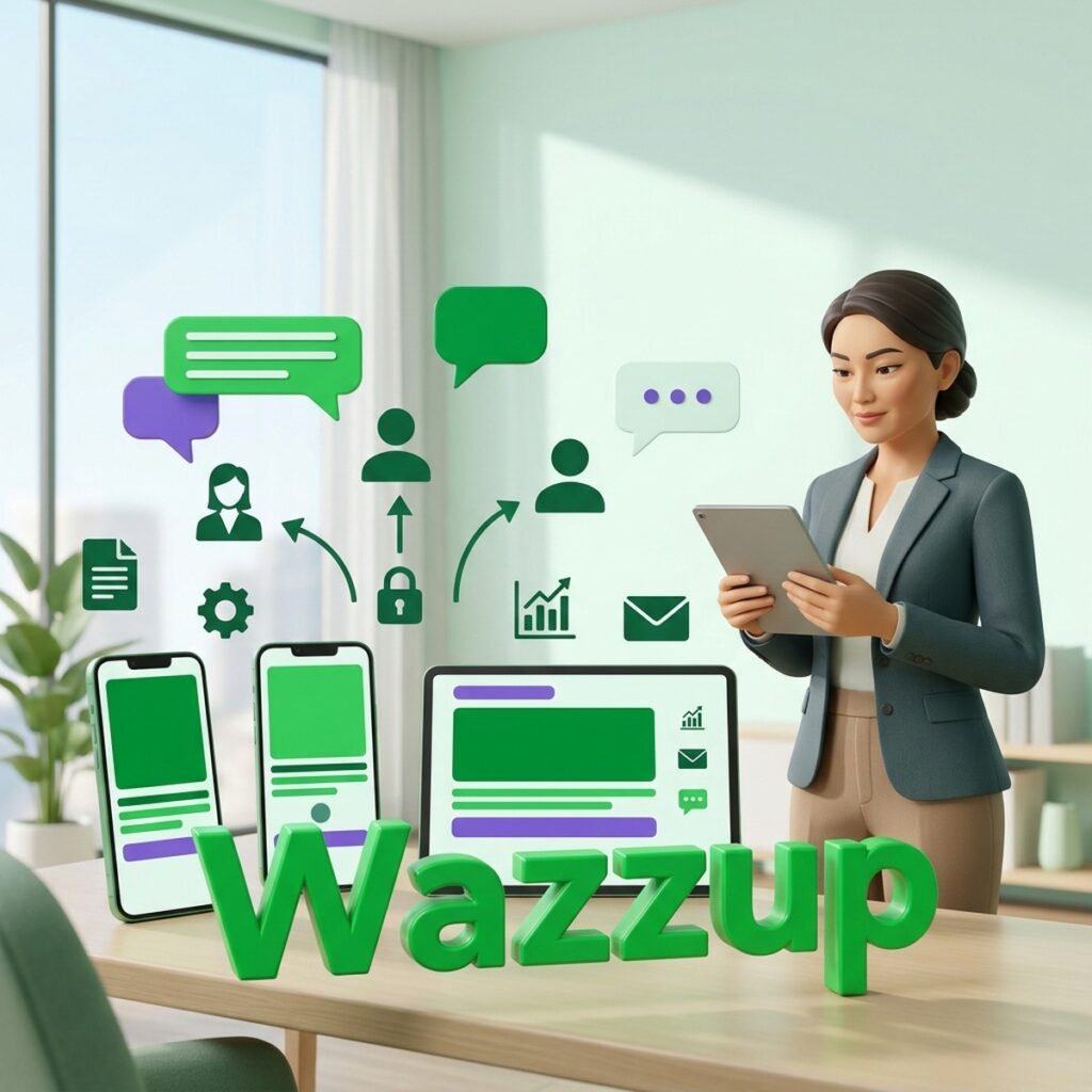 Руководитель отдела продаж с планшетом, рядом объёмное слово Wazzup и сообщения, которые расходятся к сотрудникам