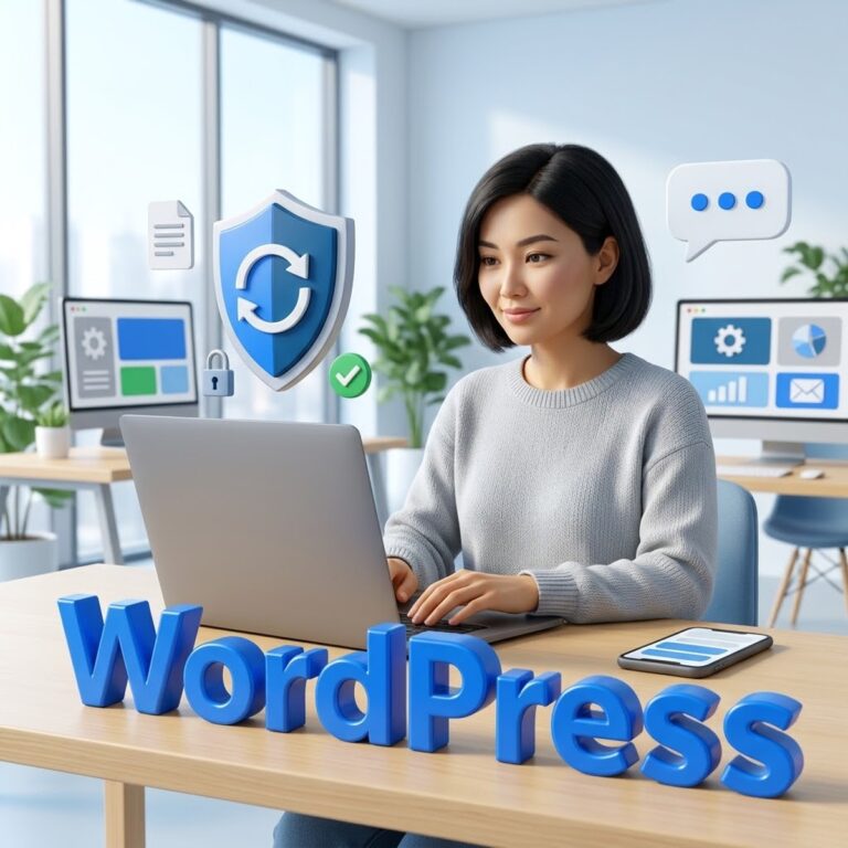 WordPress 7.1.4: разработчица обновляет сайт, над ноутбуком щит со стрелкой обновления и замок