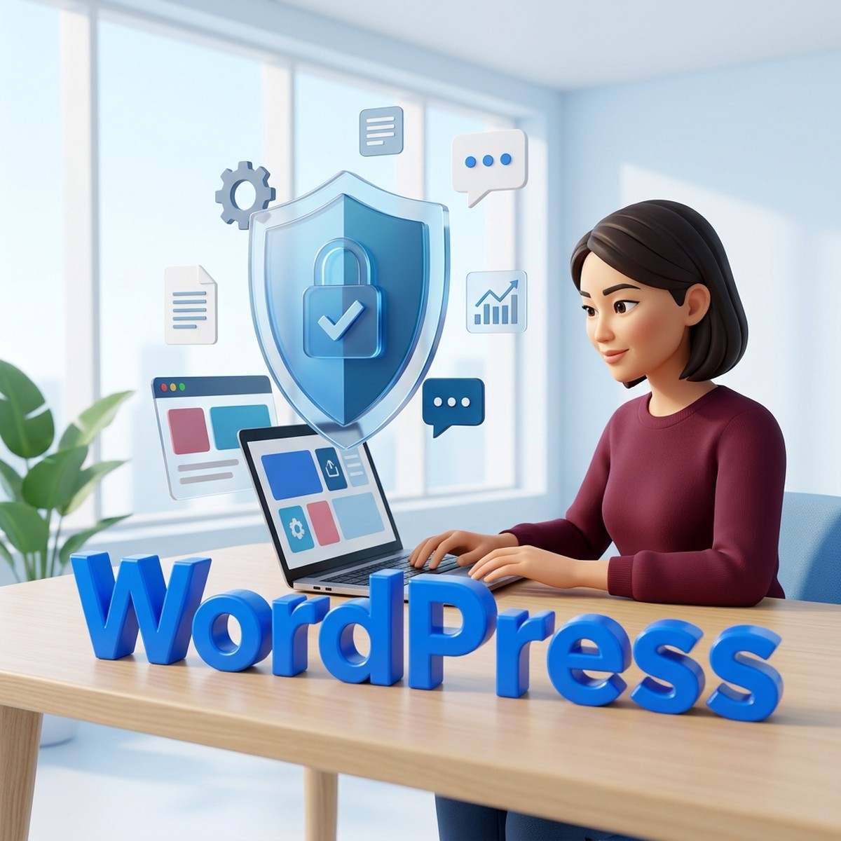 Разработчик за ноутбуком под защитным щитом с замком и надписью WordPress