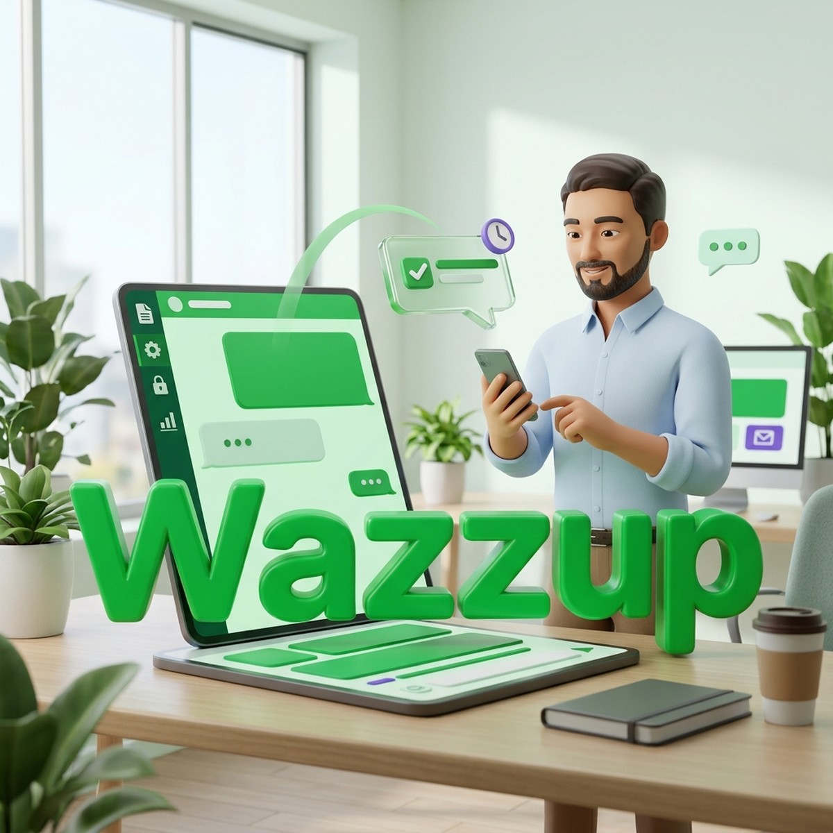 Менеджер с телефоном и объемная надпись Wazzup: из чата на планшете вылетает карточка задачи