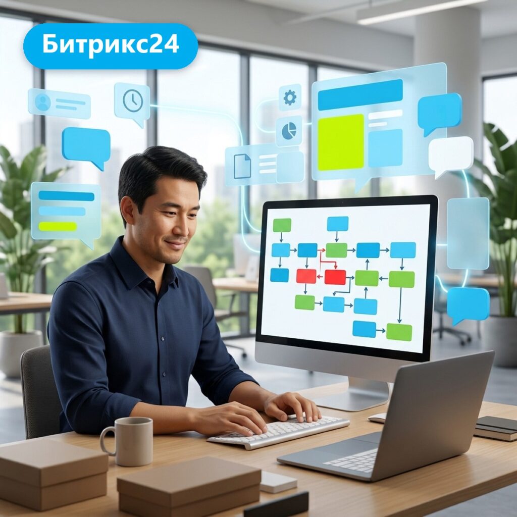 Менеджер в офисе работает за монитором со схемой бизнес-процесса Битрикс24, часть блоков подсвечена как застрявшая
